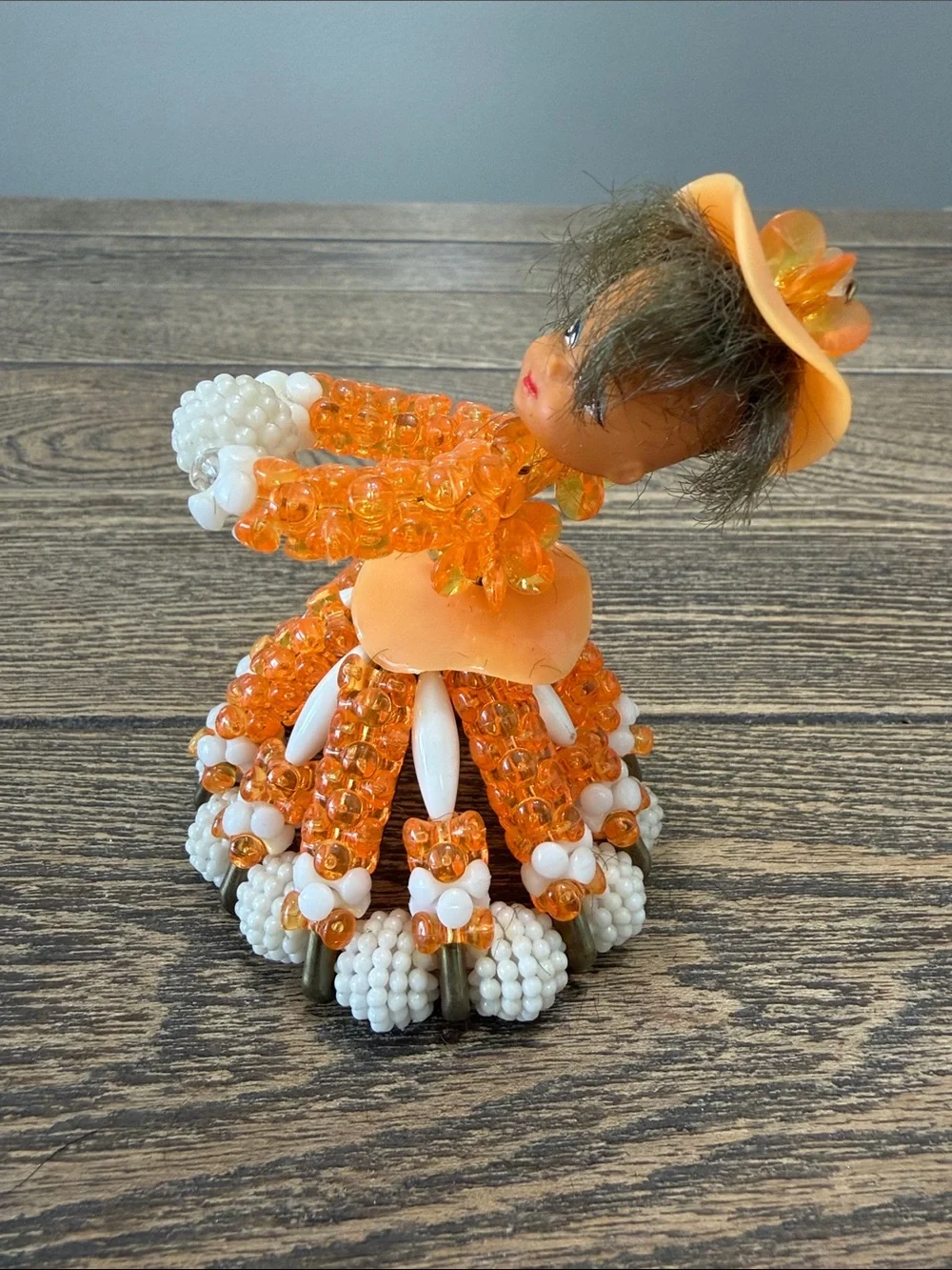 VTG 60’s RARE Hand-Beaded Orange and White Decorative Doll Figurine
